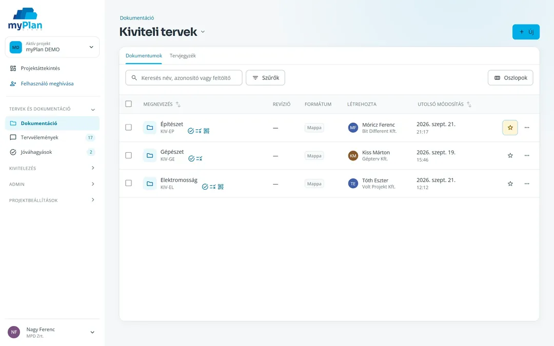 A myPlan.cloud projekt-dokumentumtára tervlapokkal és revíziókkal