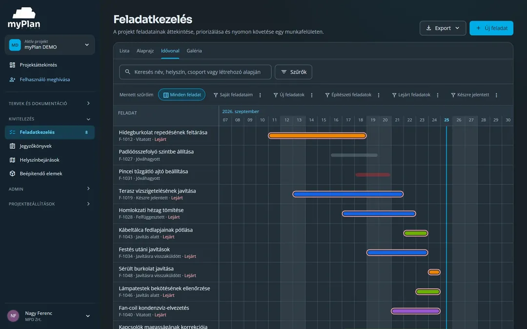 Építőipari feladatok idővonalon a myPlan.cloudban