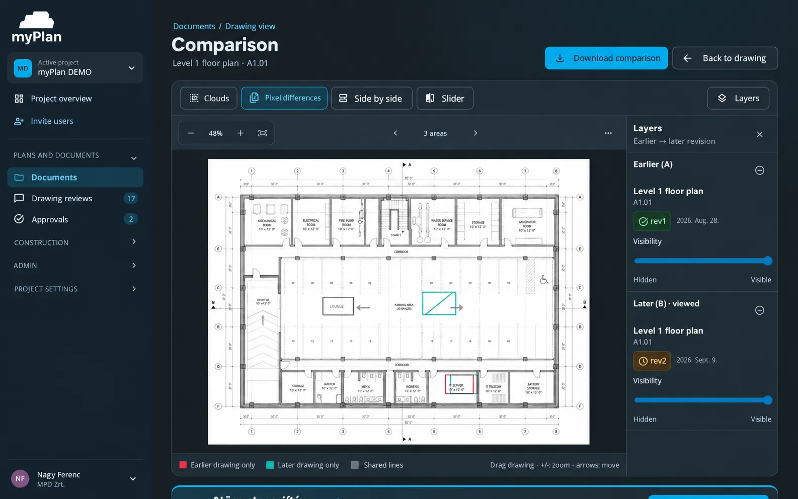 Two drawing revisions compared with highlighted differences in myPlan.cloud