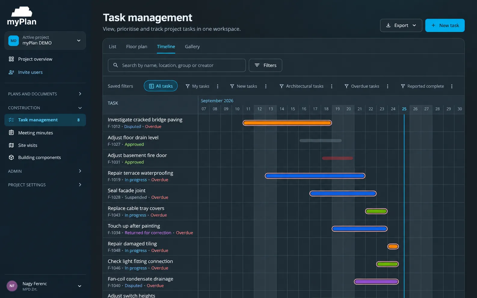 Construction tasks with owners, deadlines and statuses in myPlan.cloud