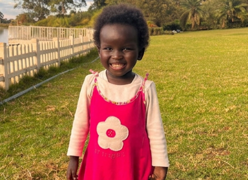 Agor, a smiling toddler in a pink dress with a white flower, stands on a grassy lawn beside a white picket fence.
