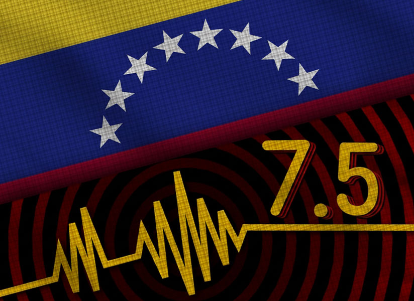 Graphic of the Venezuelan flag above a seismograph line and the number 7.5.