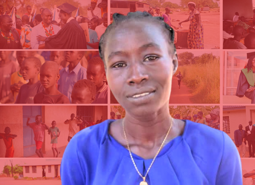 A woman in a blue top looks at the camera in front of a red-tinted collage of photos of children and classrooms.