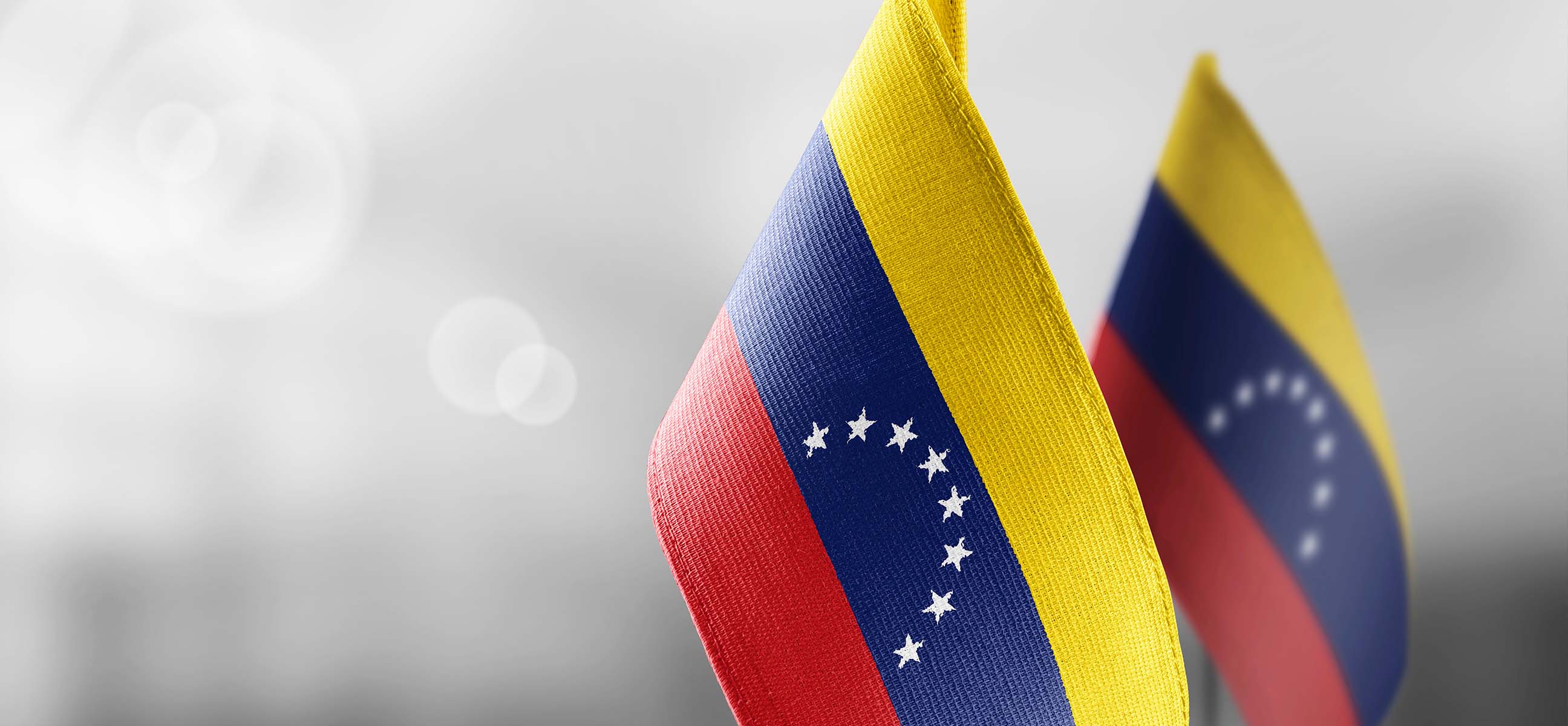 Two small Venezuelan flags stand against a soft gray background.