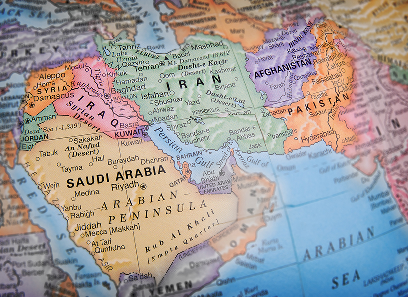 A close-up map of the Middle East showing Iran, Iraq, Syria, Saudi Arabia, Afghanistan, and Pakistan.
