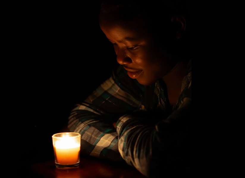 A young woman sits in the dark, her face softly lit by a single candle on the table.