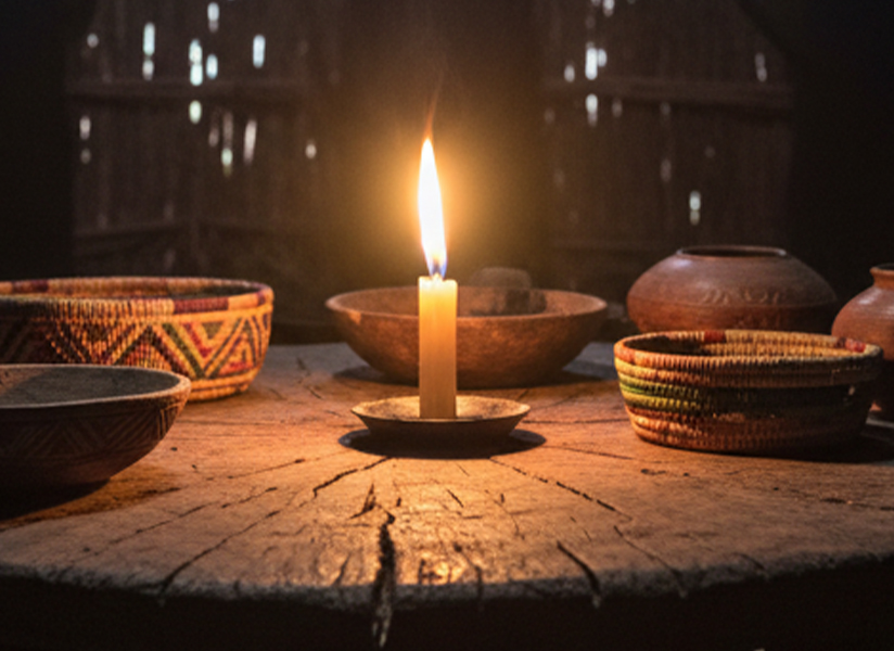 A lit candle glows on a rustic wooden table surrounded by woven baskets and clay pots.