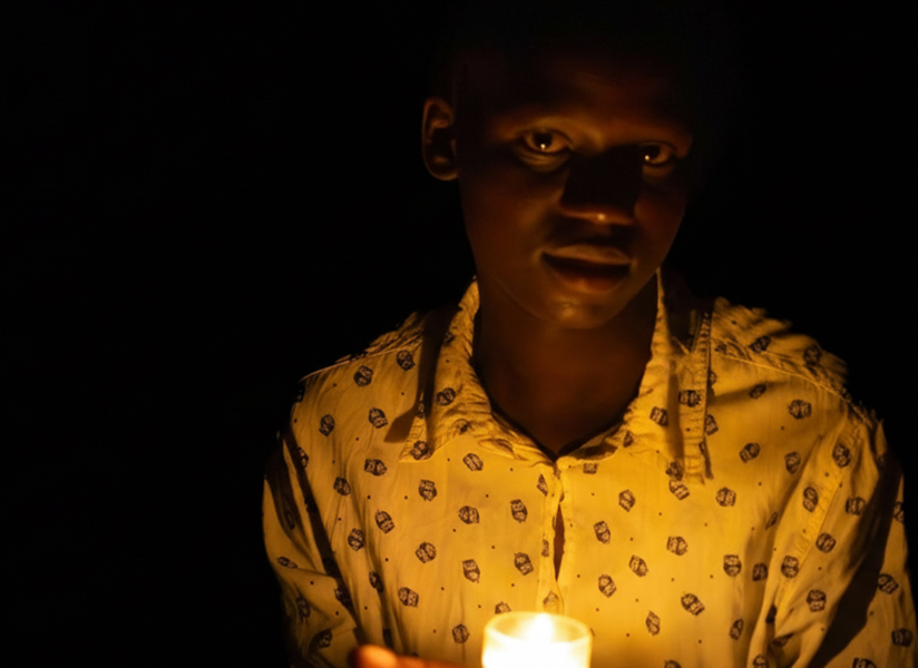 A young person in a patterned shirt stands in darkness, lit only by a candle held in front of them.