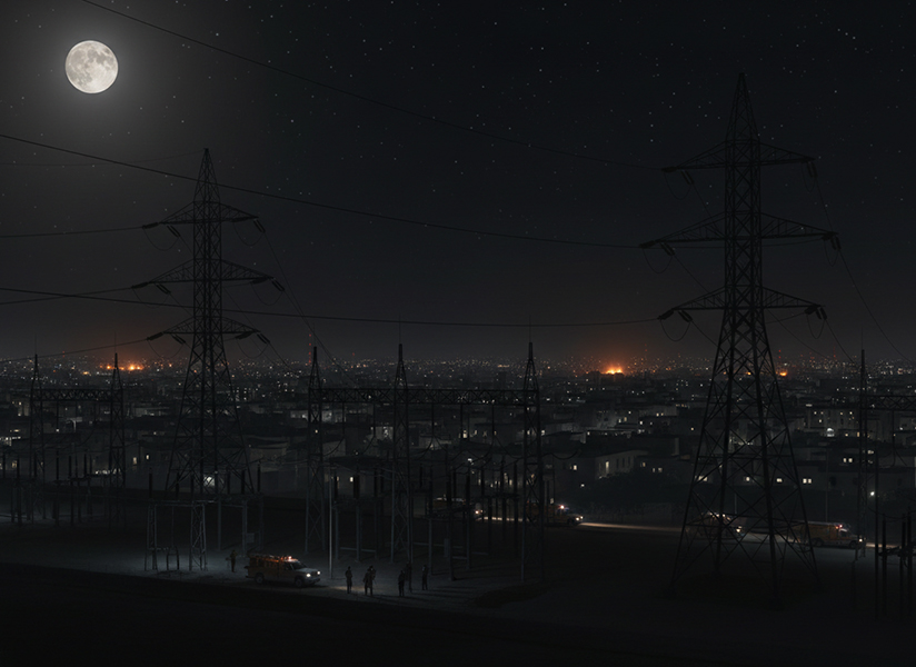 Power transmission towers stand over a darkened city at night, with only scattered lights.