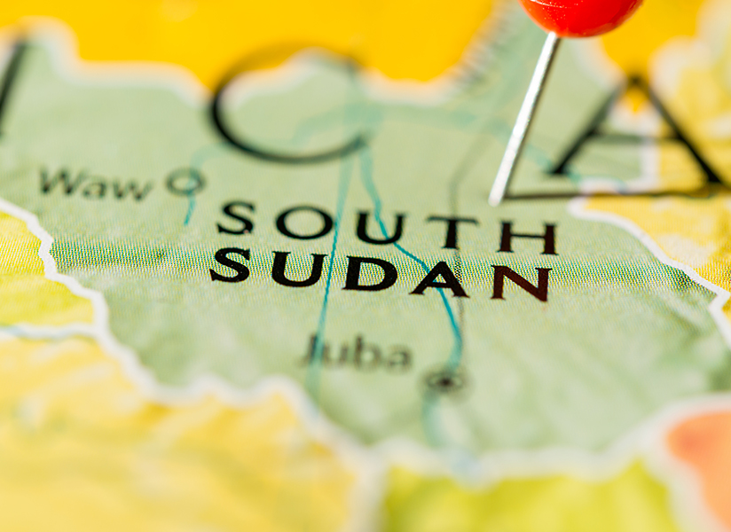 A map pinned on South Sudan, with the capital Juba and the city of Wau labeled.