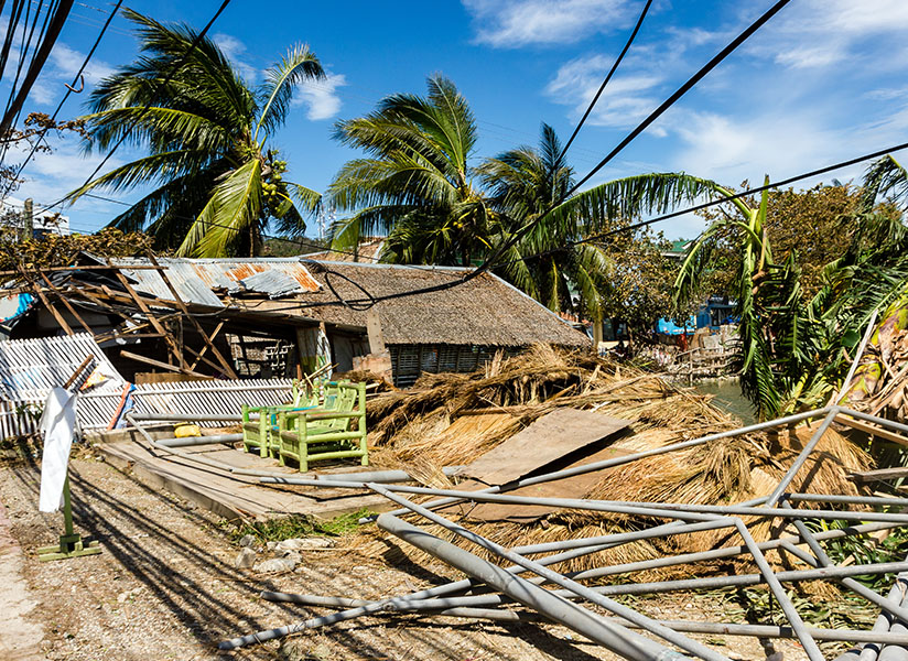 Collapsed roofs and debris lie scattered among palm trees after a storm.