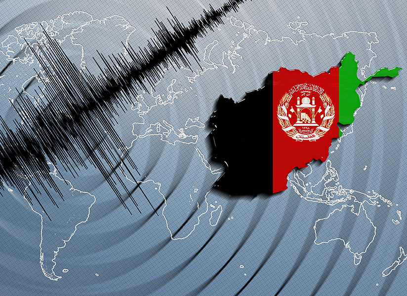 A graphic of Afghanistan in its flag colors beside a seismograph line.