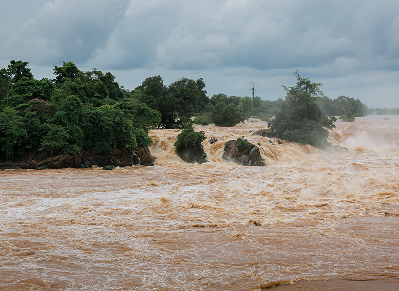 Muddy floodwater rushes past trees along a swollen river.