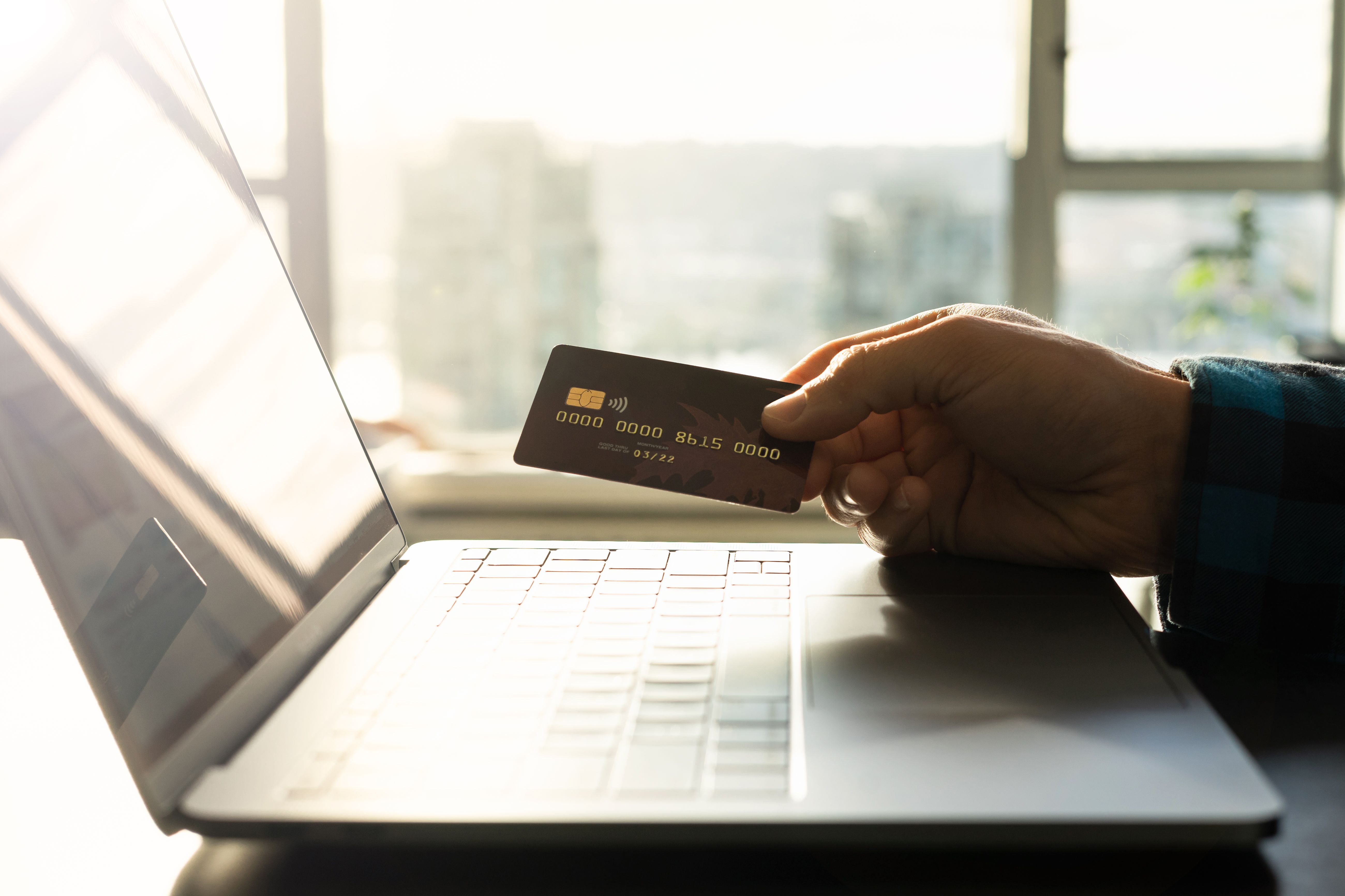 Online shopper using a laptop and payment card
