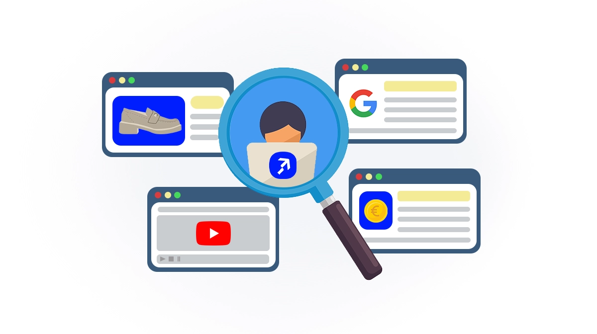 Illustration mit Nutzer am Laptop und verschiedene Werbeanzeigen im Google Netzwerk.