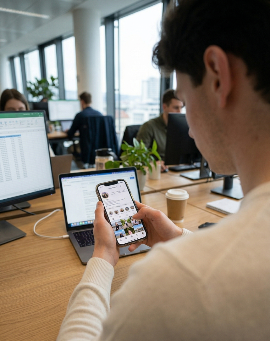 Mann in einem modernen Büro, der Instagram auf seinem Smartphone nutzt, vor einem Laptop und Computerbildschirm mit Tabellenkalkulation.