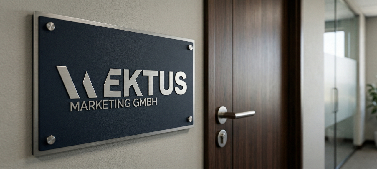 Schild mit der Aufschrift 'WEKTUS Marketing GmbH' an einer Wand neben einer Holztür in einem Büro.
