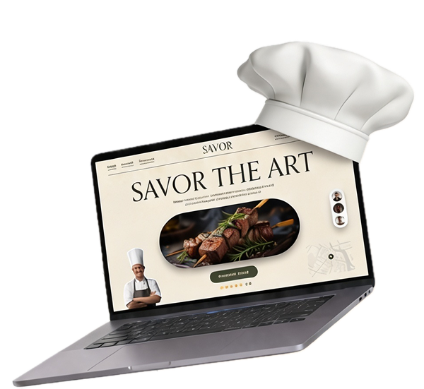 Laptop mit Restaurant-Website und Kochmütze