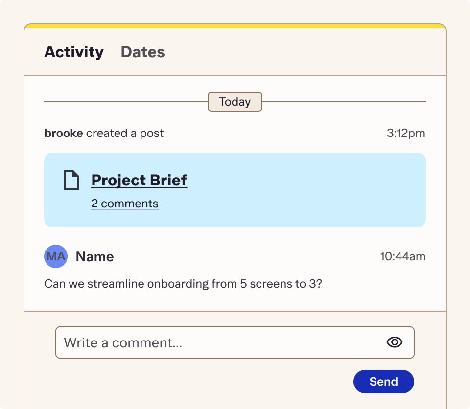 Streamtime job activity feed with a project brief post, a team comment and a reply box