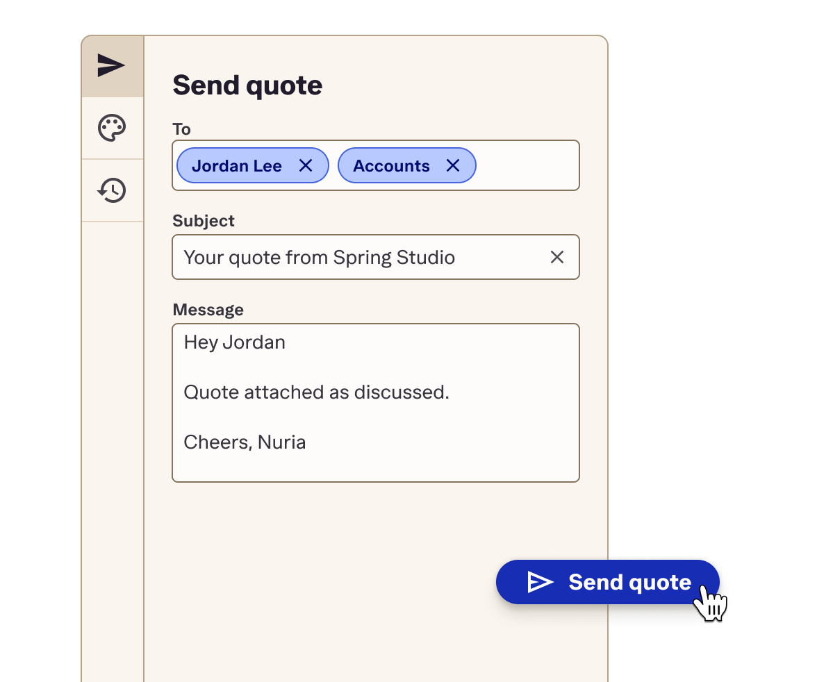 Send quote panel in Streamtime, emailing a quote to a client with recipients, subject and message