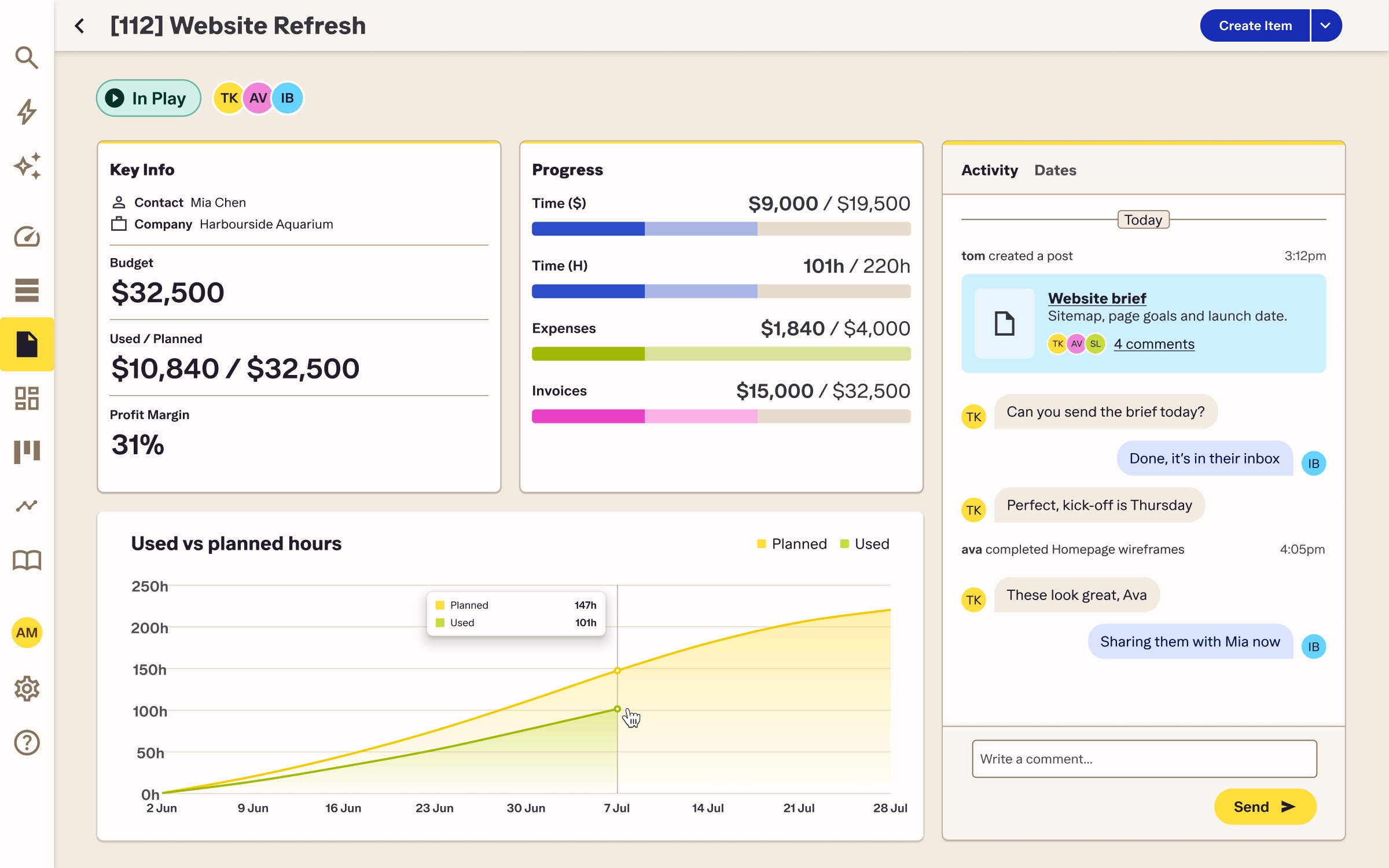 Streamtime job page for a website refresh project, showing budget, profit margin, progress on time, expenses and invoices, a used vs planned hours chart and a team activity feed.