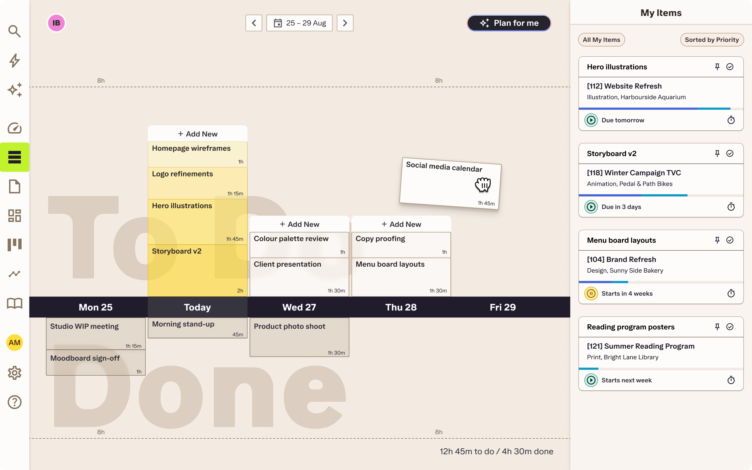 Streamtime To Do weekly planner with tasks scheduled from Monday to Friday, a My Items list of assigned job tasks with due dates, and a running total of hours to do and done.