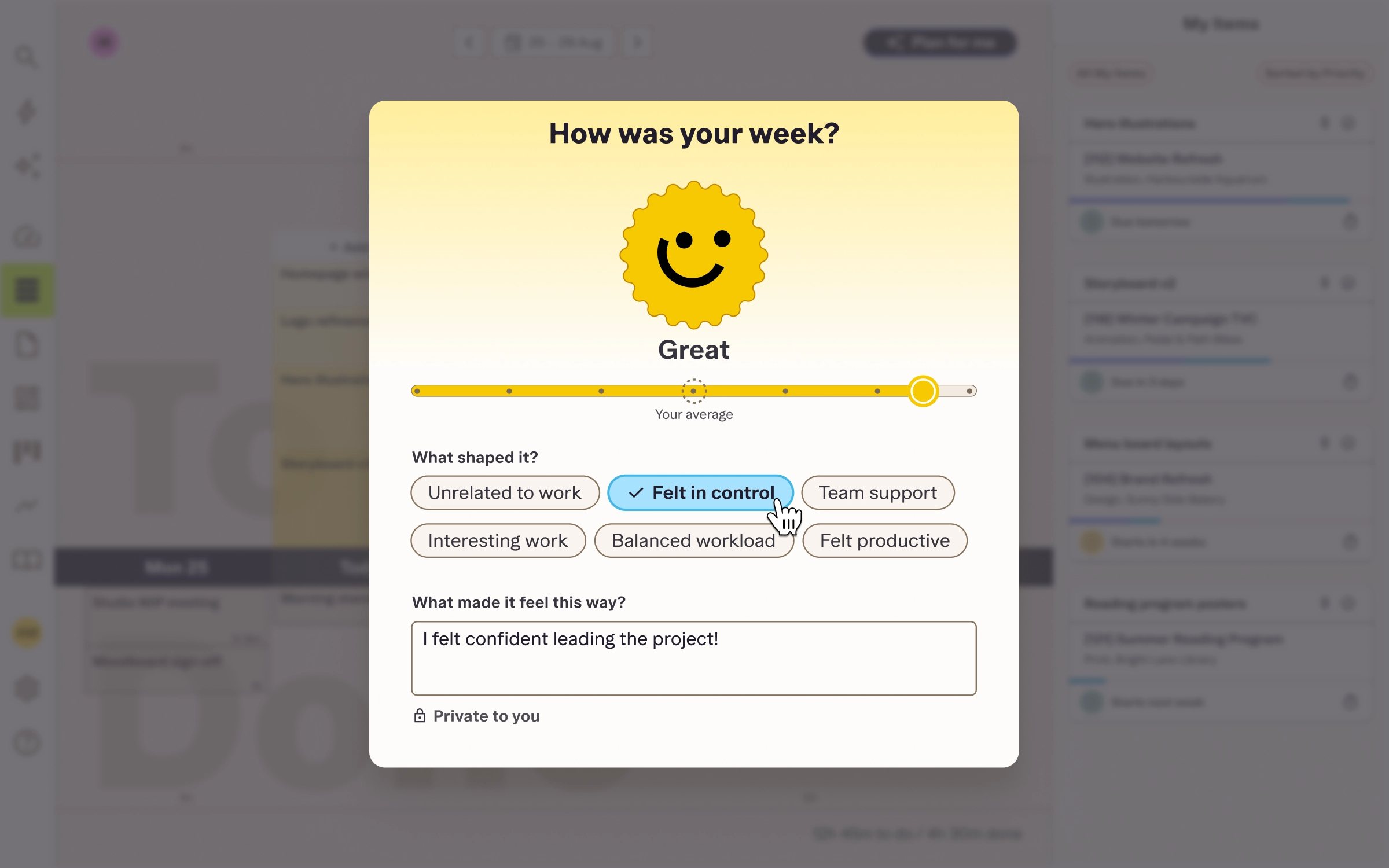 Streamtime weekly check-in asking "How was your week?", with a mood scale rated Great, tags for what shaped the week and a private comment field.