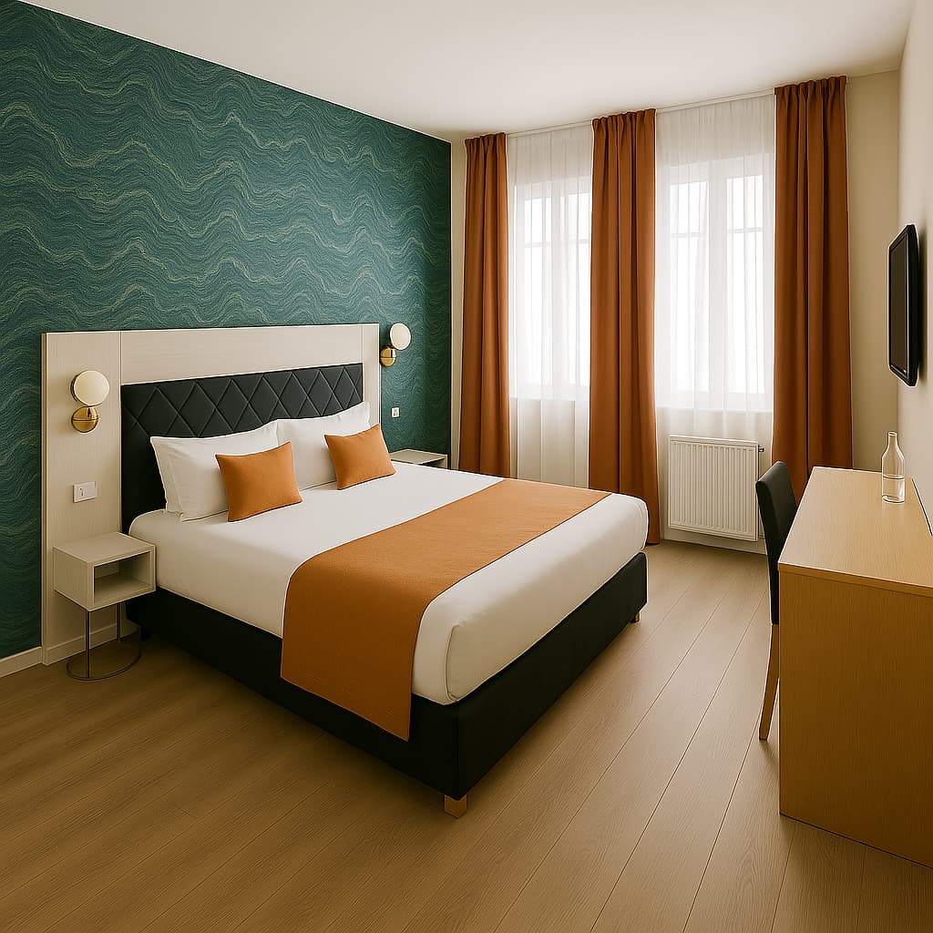 Chambre de l'hôtel avec lit aux draps blancs et corail, tables de chevet rondes, lumières et fenêtre avec rideaux rouges