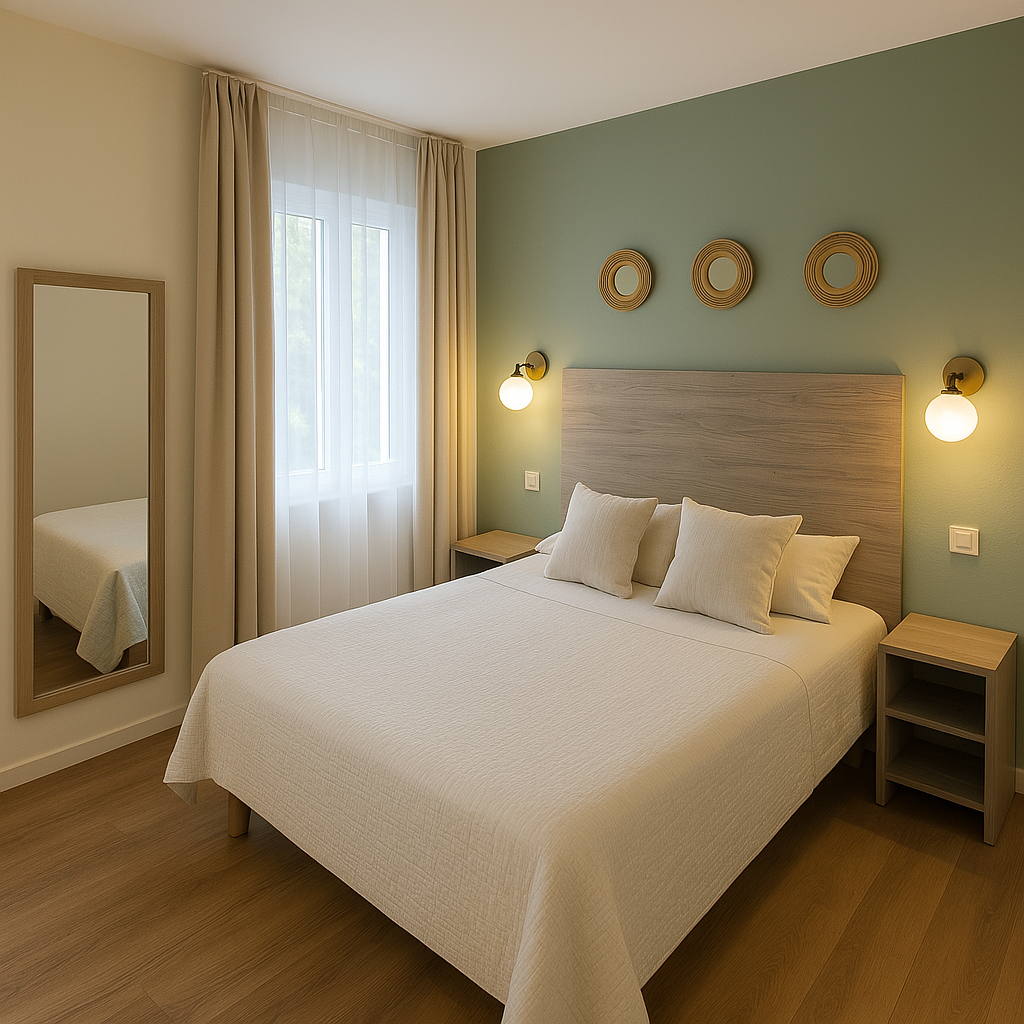 Chambre d’hôtel moderne avec un lit double, deux appliques murales allumées de chaque côté de la tête de lit en bois clair, trois miroirs ronds décoratifs au-dessus du lit, un miroir pleine hauteur à gauche et une grande fenêtre avec rideaux beiges et voilage blanc.