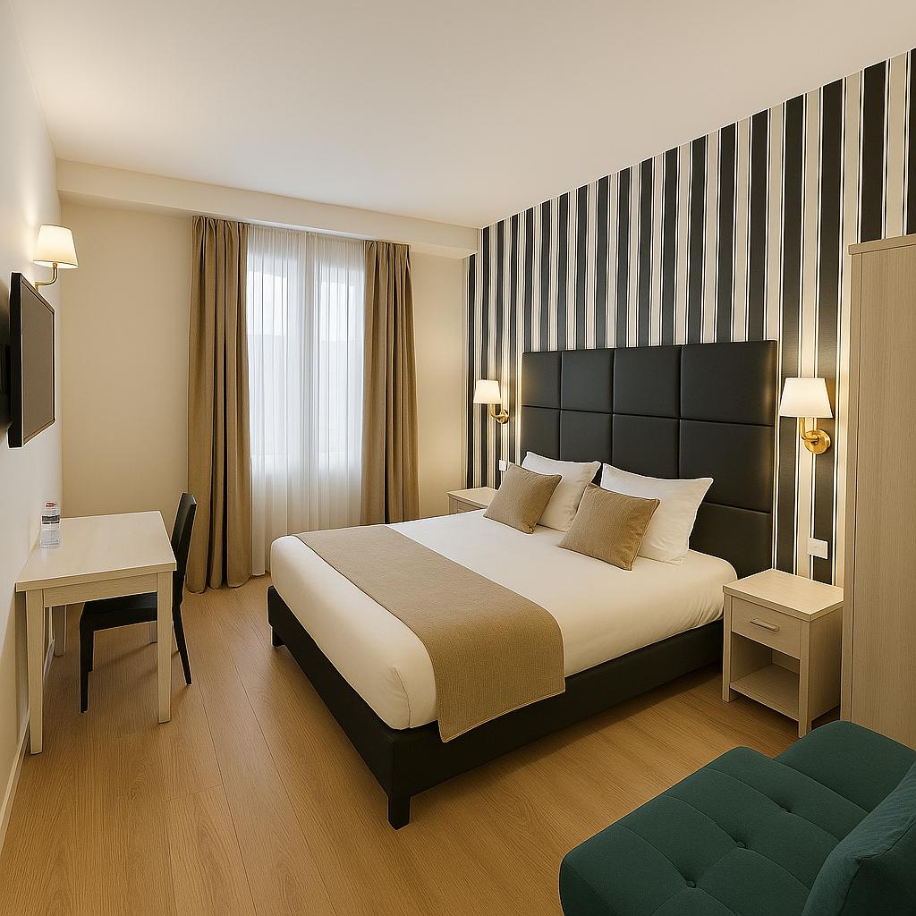 Chambre d'hôtel contemporaine avec un lit double orné de coussins et d’un jeté de lit jaunes, deux appliques murales de chaque côté de la tête de lit en bois clair, deux cadres décoratifs au mur, un coin salon avec un canapé jaune moutarde, rideaux violets et déco murale en fibres naturelles.