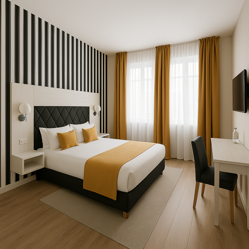  Chambre moderne avec un lit double orné de coussins orange et une tête de lit en velours jaune moutarde. Le mur derrière le lit est décoré d’un papier peint bleu à motifs ondulés. Rideaux orange et voilage blanc encadrent une fenêtre laissant entrer la lumière du jour. Deux petites tables rondes sont placées de chaque côté du lit.