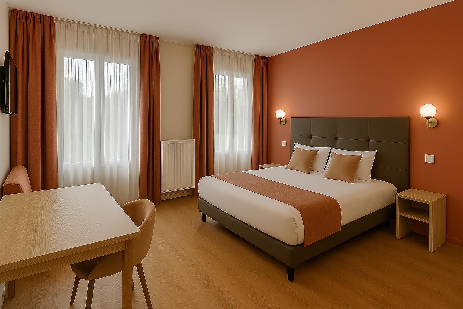 Suite moderne avec des murs à rayures noires et blanches, un lit à tête de lit noire et des coussins beige, accompagnée de deux lampes murales et d'un rideau blanc laissant passer la lumière.