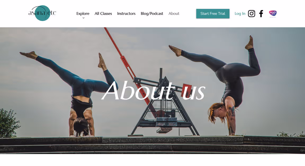 A website design portfolio showcase image showing the About Us page of an online yoga studio's webpage. 