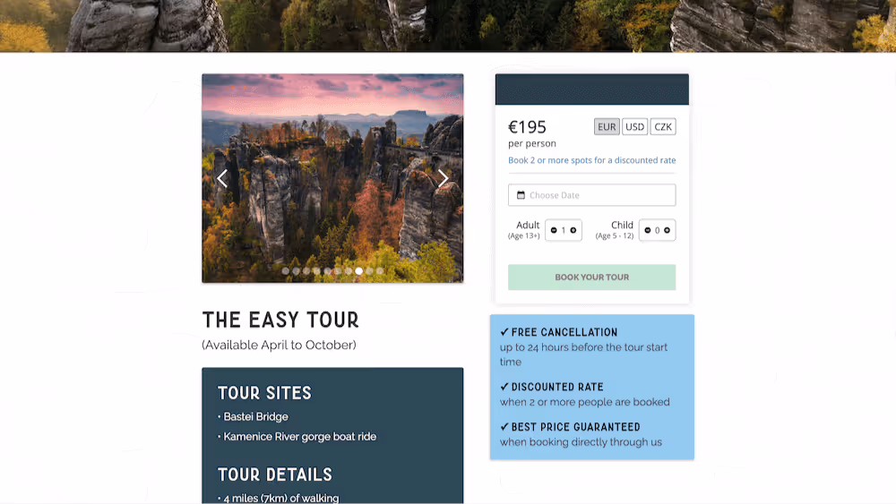 A website design portfolio showcase image showing the tour booking page of an adventure company's website page.