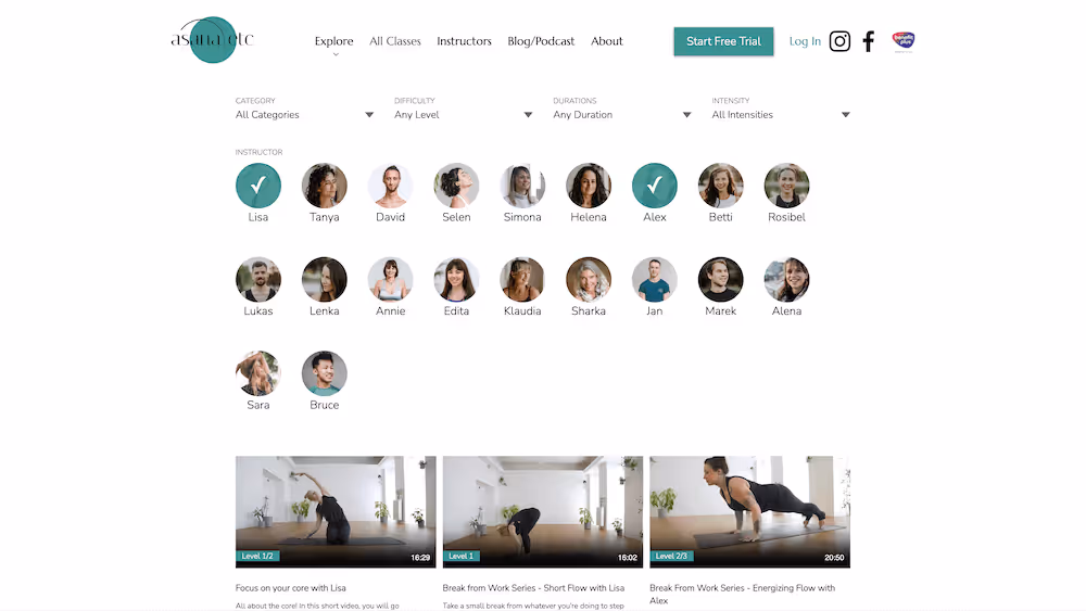 A website design portfolio showcase image showing the online yoga classes page of a yoga studio's webpage. 