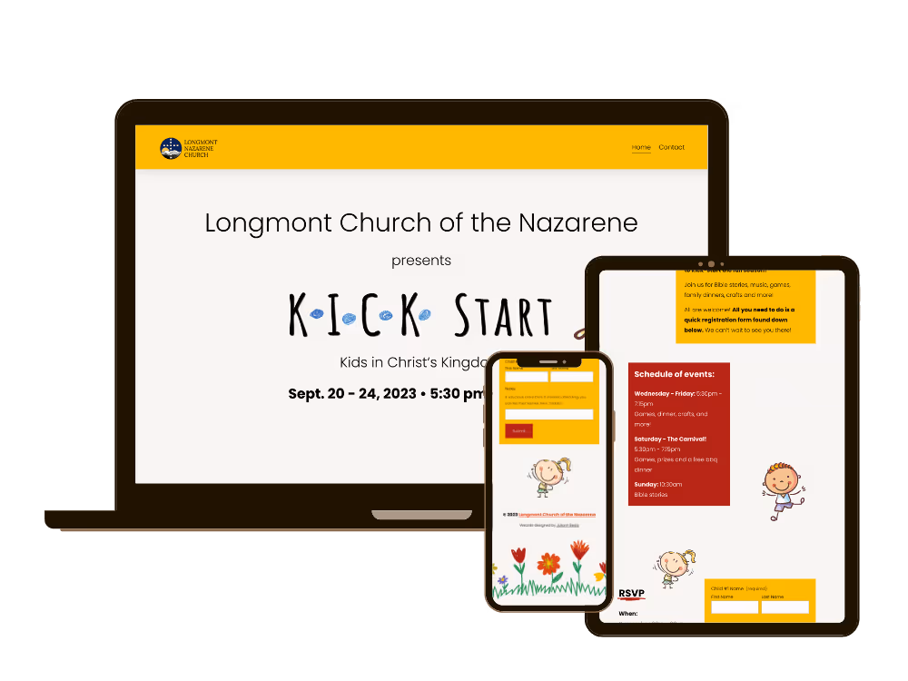 A Kids Program Responsive Microsite – bright yellow event page with hand-drawn graphics, shown on various devices.