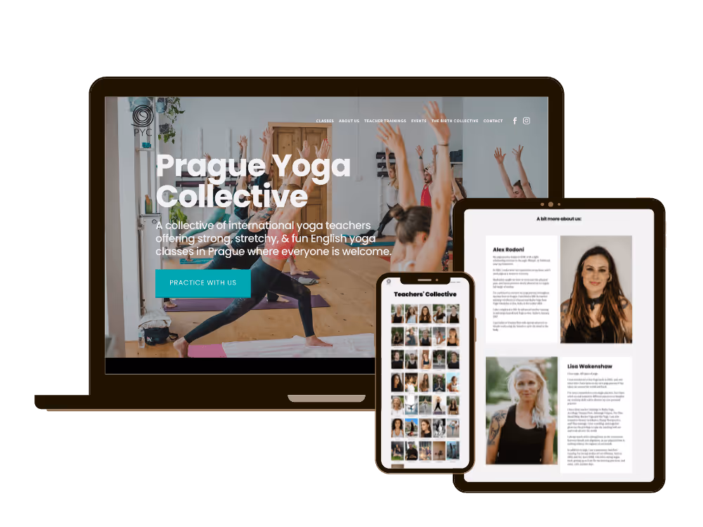 A responsive homepage and teacher directory for a Prague-based yoga studio website shown on laptop, tablet, and mobile.
