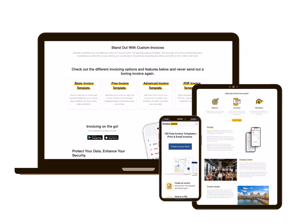 A SaaS Website Design – clean white landing page promoting 100+ invoice templates and a mobile app, viewed on desktop, tablet, and smartphone.