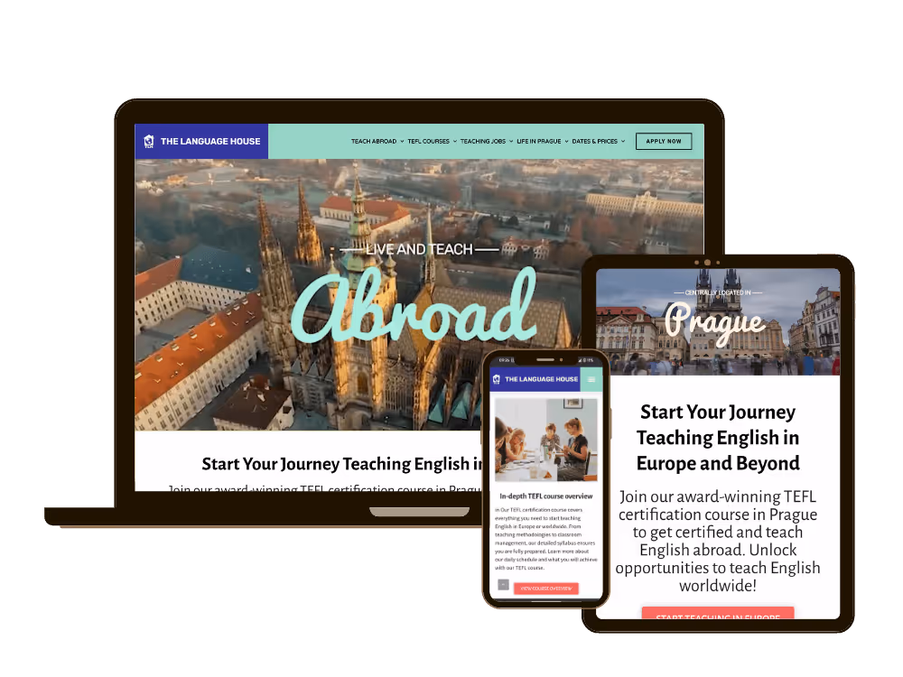 The Language House TEFL Website Design showing an aerial photo and “Abroad” headline advertising English-teaching certification, across devices.