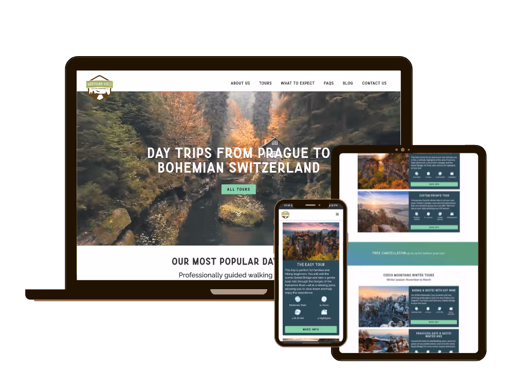 An adventure-tour website site featuring forest canyon hero image and tour cards for day trips from Prague to Bohemian Switzerland, on multiple screens.