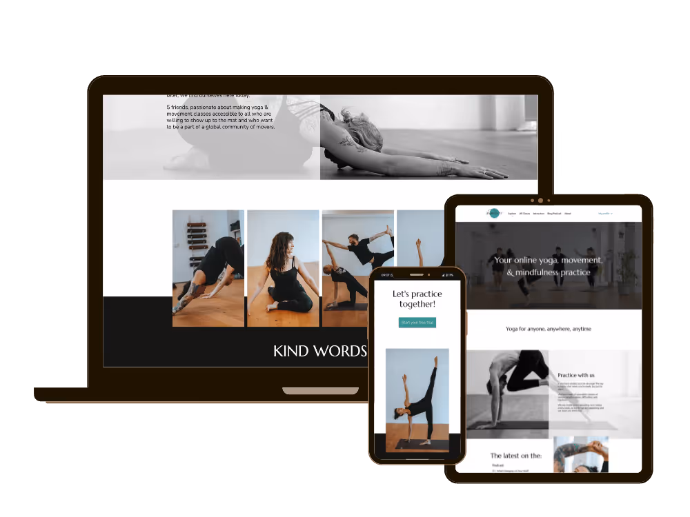 A yoga website design with a minimalist black-and-white and neutral design displayed across devices.