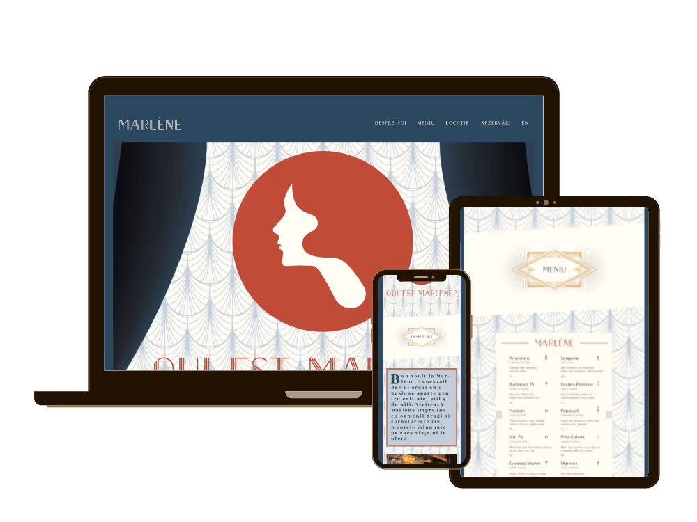 Marlène Restaurant & Cocktail Bar Website – art-deco–inspired site featuring a red silhouette logo and digital menu, rendered on desktop, tablet, and phone.