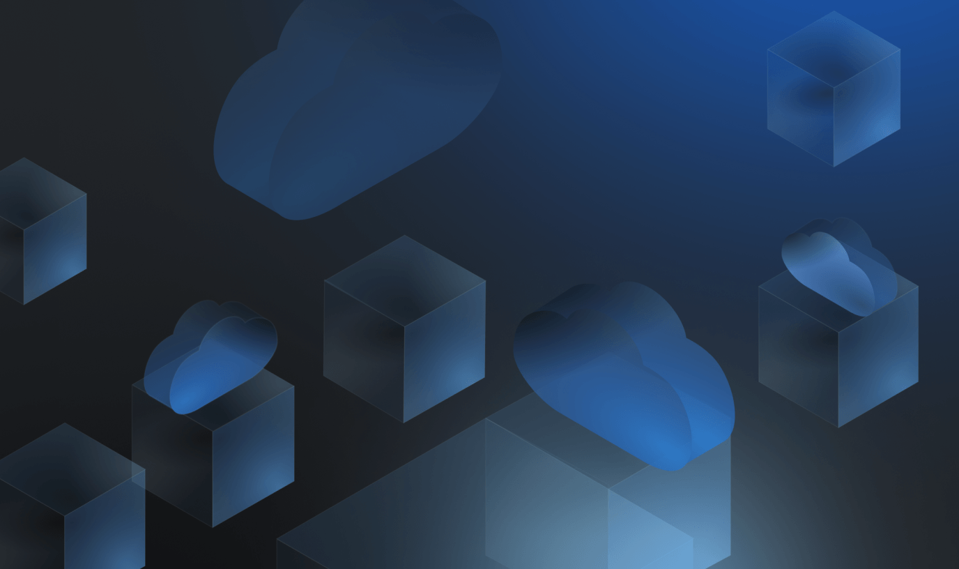 A blue abstract background with cubes and shapes.