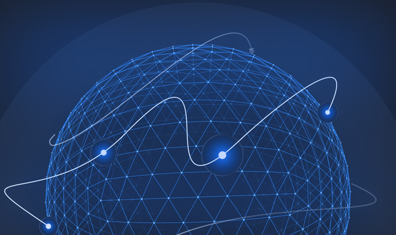 Glowing points connected by lines on a blue wireframe globe symbolizing a digital network.