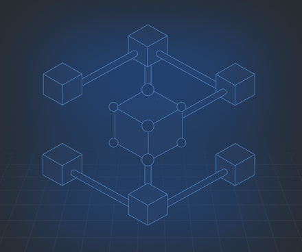 3D network diagram with central cube connected to six outer cubes by lines on a dark grid background.