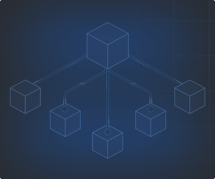 Network diagram of one central cube connected by lines to five smaller cubes on a dark gradient background.