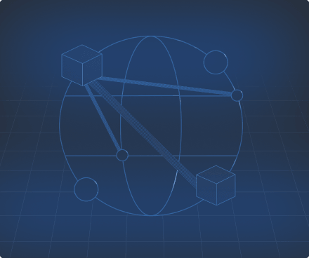 Blue 3D network diagram with connected cubes and spheres around a central sphere grid.
