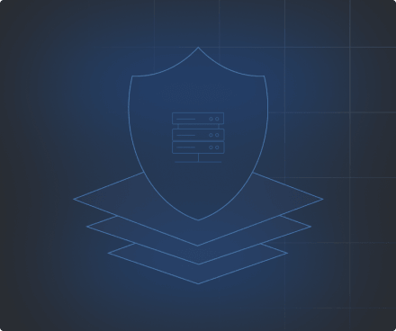 Shield icon overlaying three layered transparent squares on a dark grid background.