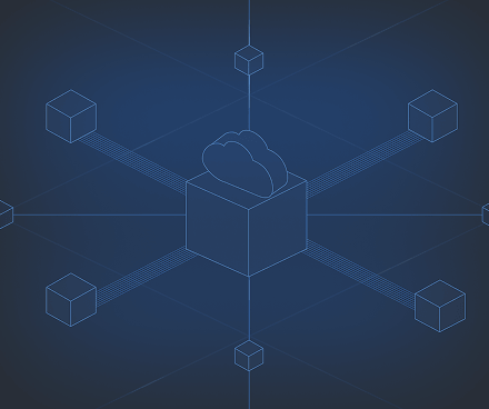 Network diagram with a central cloud connected to multiple cubes on a dark blue background.
