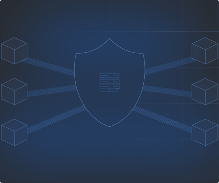 Network diagram showing six connected nodes linked through a central shield symbolizing security.